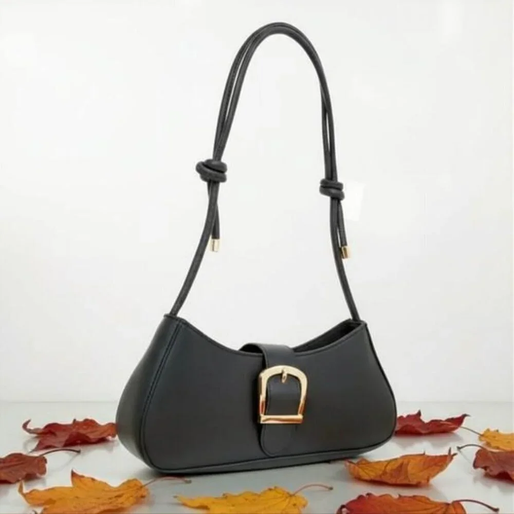 Trendy Minimalist Black Baguette Shoulder Bag With Gold Buckle Accent - Picture 4 of 11